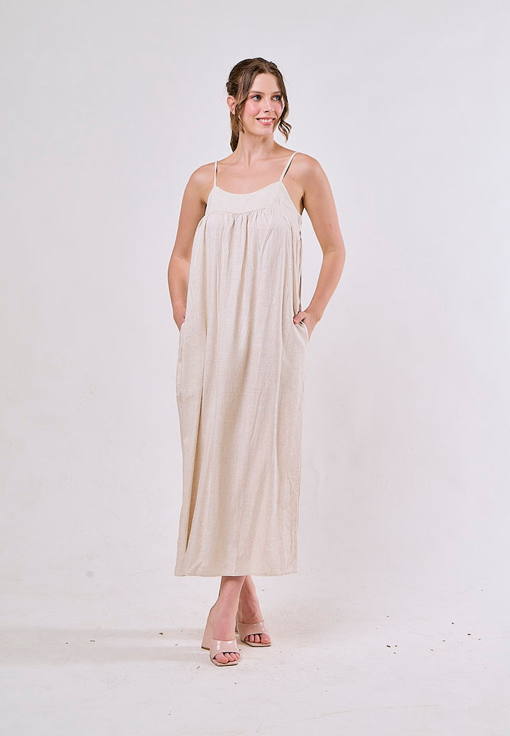 Aviva Beige Sleeveless Smocked Back Maxi Dress