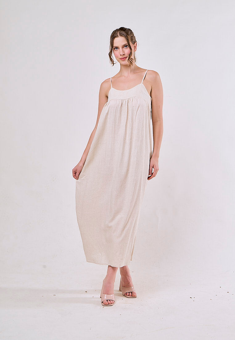 Aviva Beige Sleeveless Smocked Back Maxi Dress