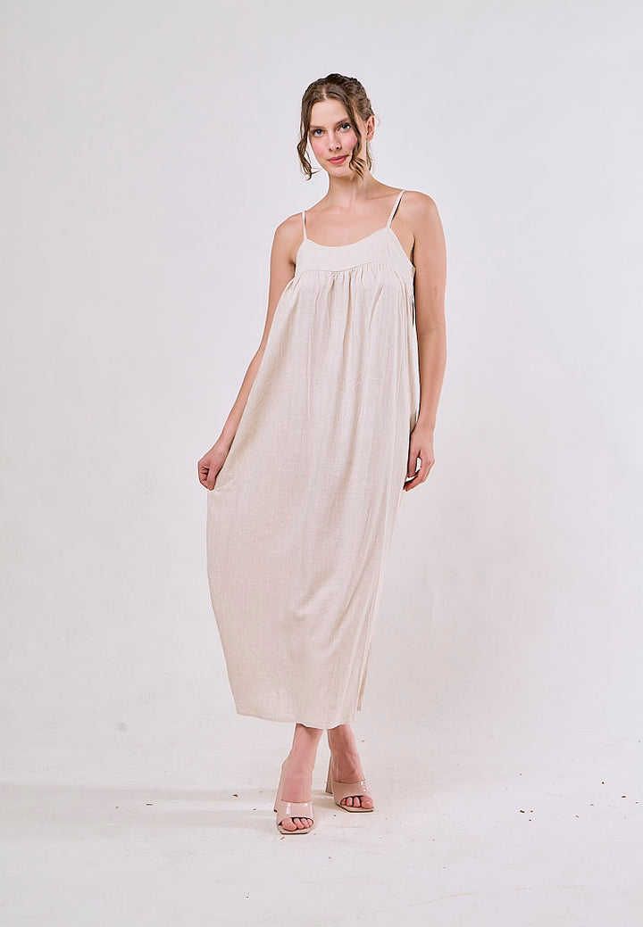 Aviva Beige Sleeveless Smocked Back Maxi Dress