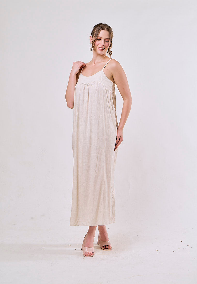 Aviva Beige Sleeveless Smocked Back Maxi Dress