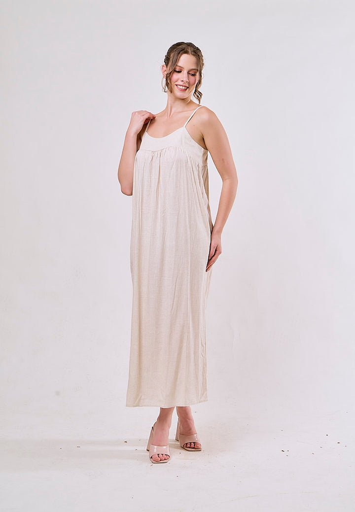Aviva Beige Sleeveless Smocked Back Maxi Dress