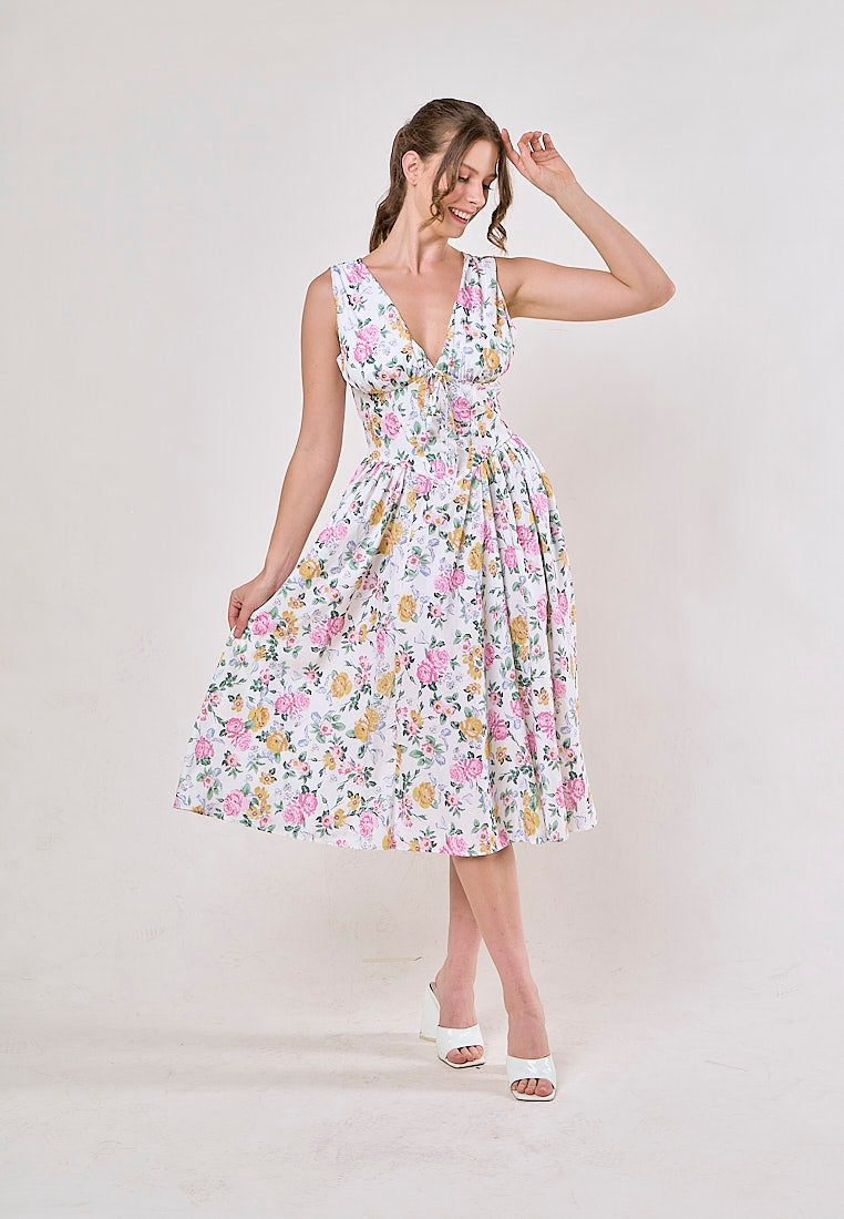 Odin Multicolor Floral V Neck A-Line Pleated Midi Dress