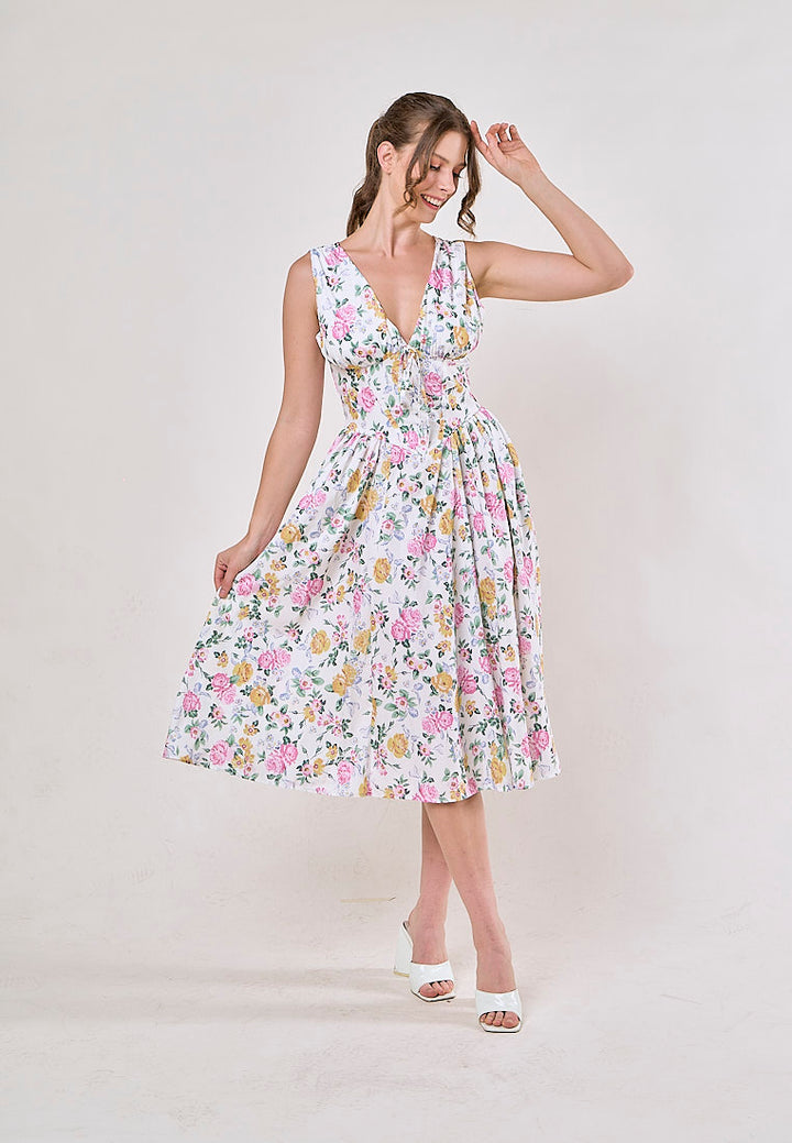 Odin Multicolor Floral V Neck A-Line Pleated Midi Dress