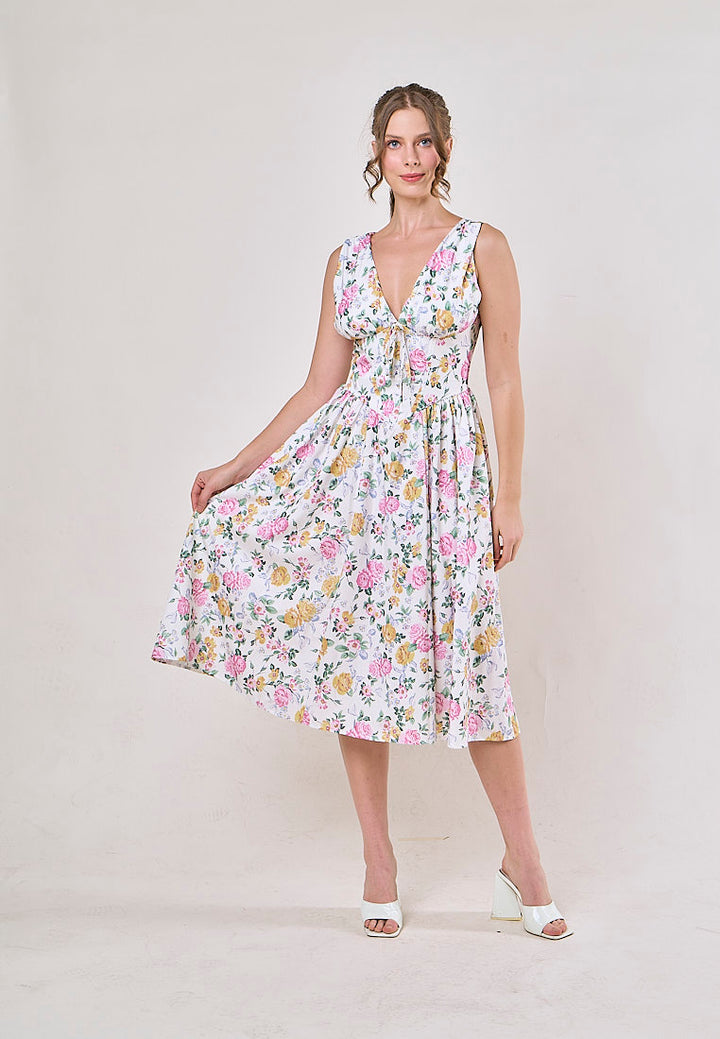 Odin Multicolor Floral V Neck A-Line Pleated Midi Dress