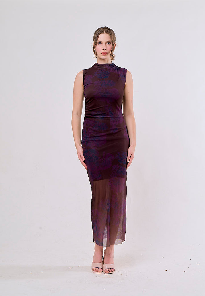 Julietta Burgundy Crew Neck Mesh Ruched Midi Dress