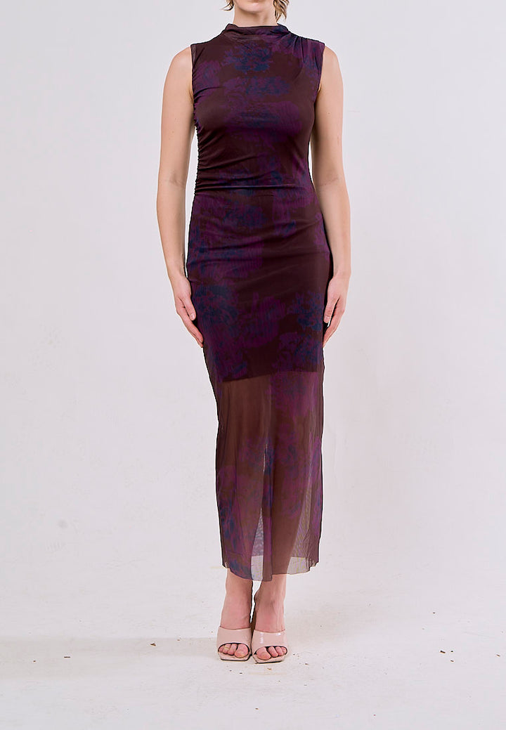 Julietta Burgundy Crew Neck Mesh Ruched Midi Dress