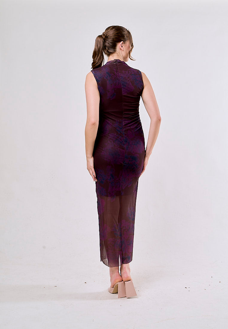 Julietta Burgundy Crew Neck Mesh Ruched Midi Dress