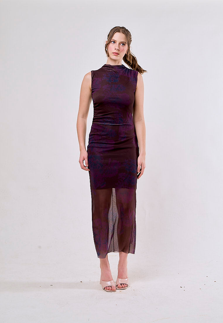 Julietta Burgundy Crew Neck Mesh Ruched Midi Dress