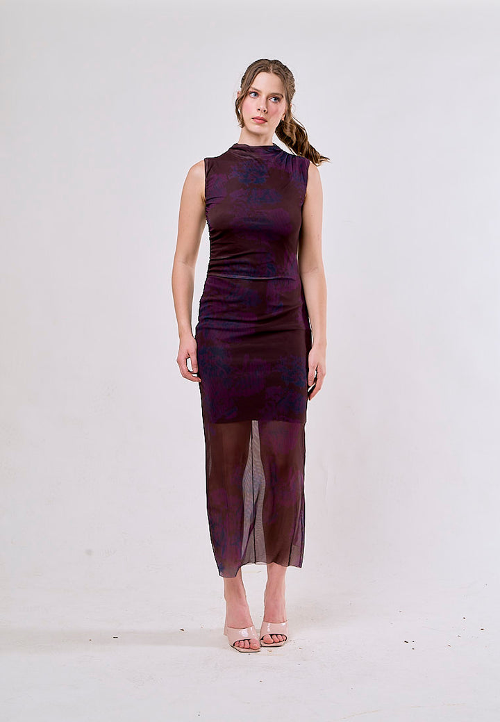 Julietta Burgundy Crew Neck Mesh Ruched Midi Dress