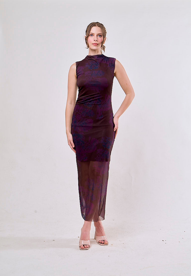 Julietta Burgundy Crew Neck Mesh Ruched Midi Dress