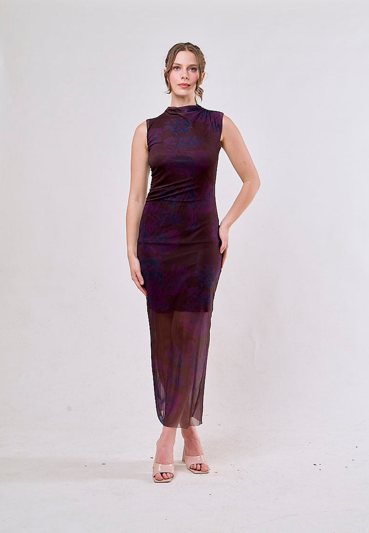 Julietta Burgundy Crew Neck Mesh Ruched Midi Dress