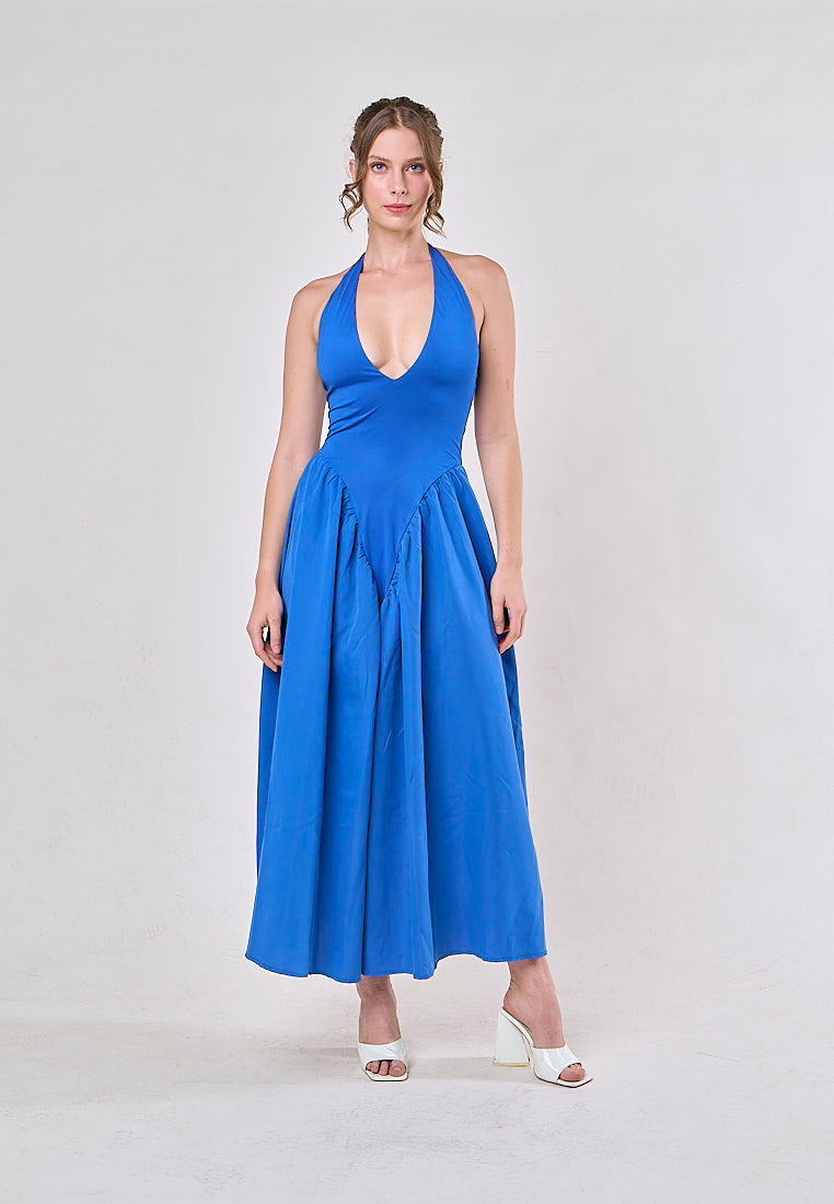Dionysis Blue Halter Neck  Pleated Midi Dress
