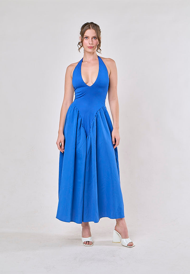 Dionysis Blue Halter Neck  Pleated Midi Dress