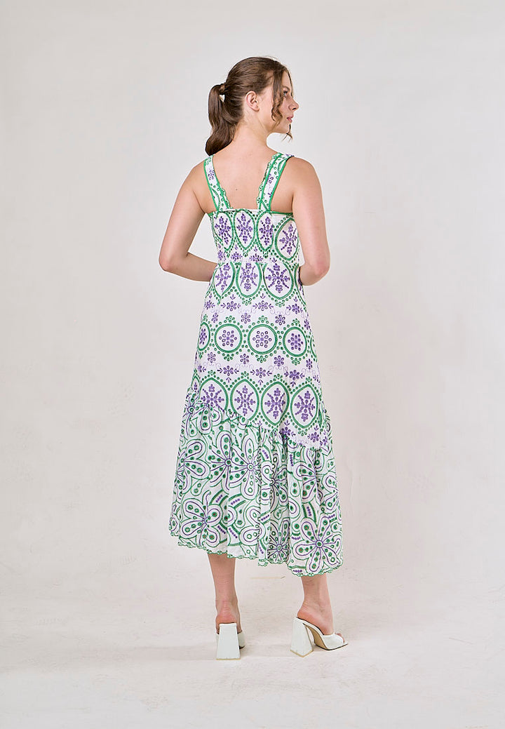 Ainhoa Green Eyelet Floral Embroided Maxi Dress
