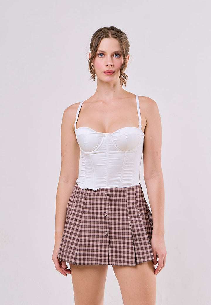Bruce Khaki Plaid Front with Buttons Zipper Fly Pleated Mini Skirt