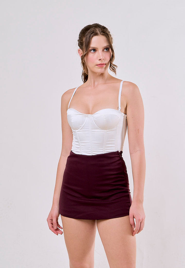 Harlan Burgundy Front Overlap Side Zipper and Back Pocket Casual Mini Skorts