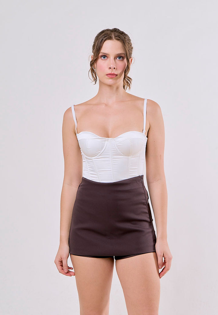 Harlan Brown Front Overlap Side Zipper and Back Pocket Casual Mini Skorts