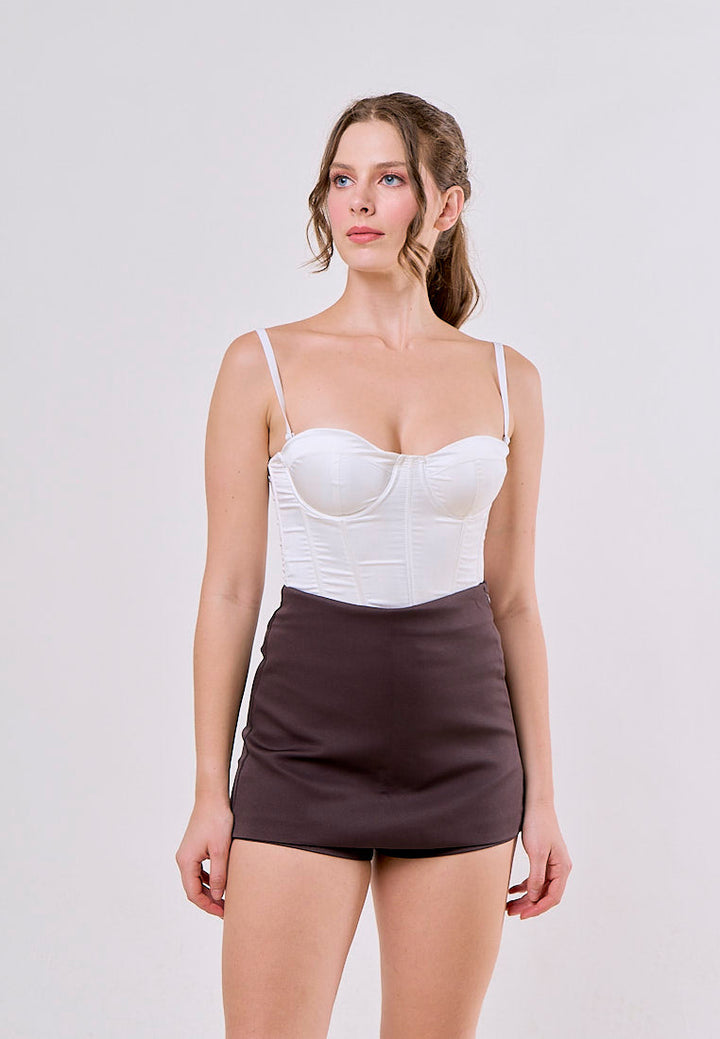 Harlan Brown Front Overlap Side Zipper and Back Pocket Casual Mini Skorts