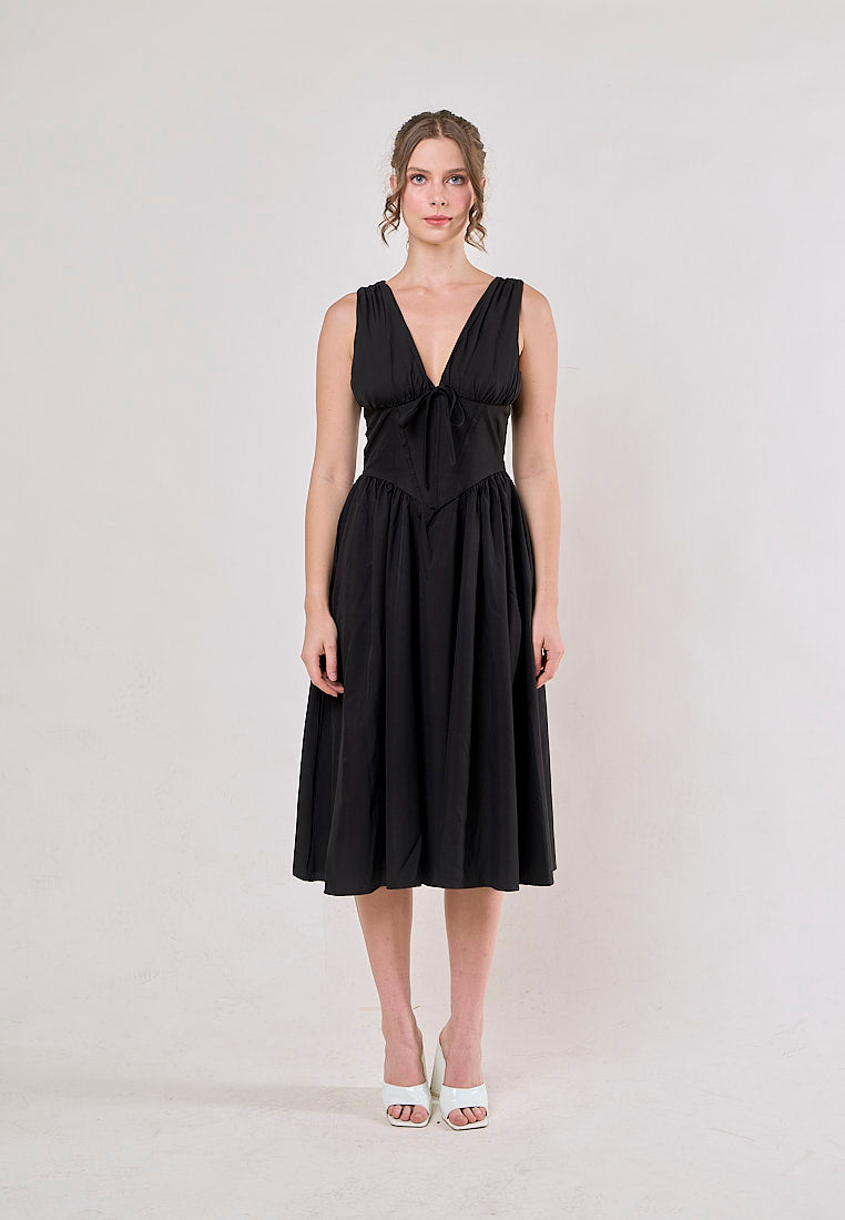 Odin Black V Neck A-Line Pleated Midi Dress