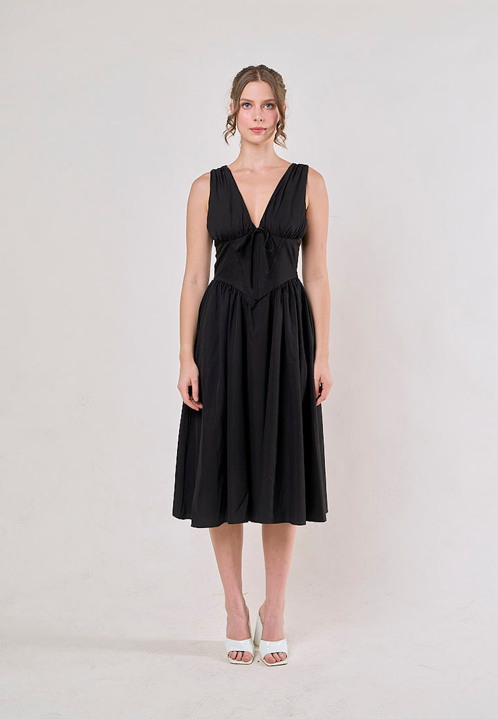 Odin Black V Neck A-Line Pleated Midi Dress