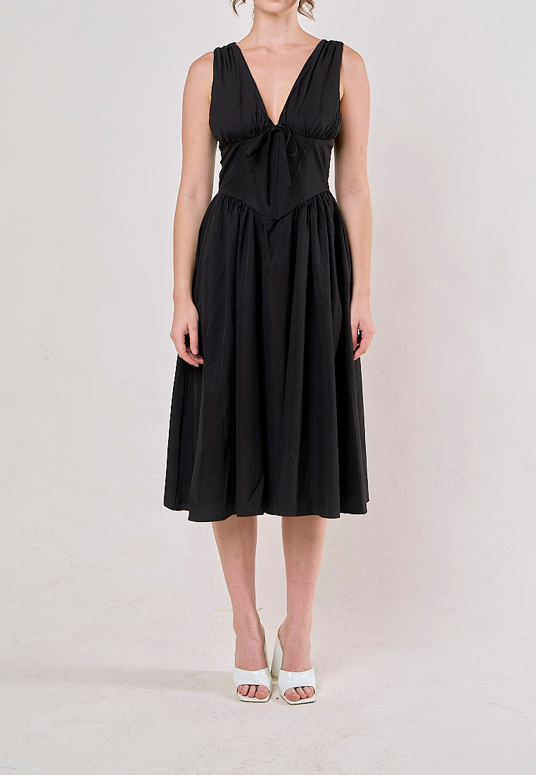 Odin Black V Neck A-Line Pleated Midi Dress