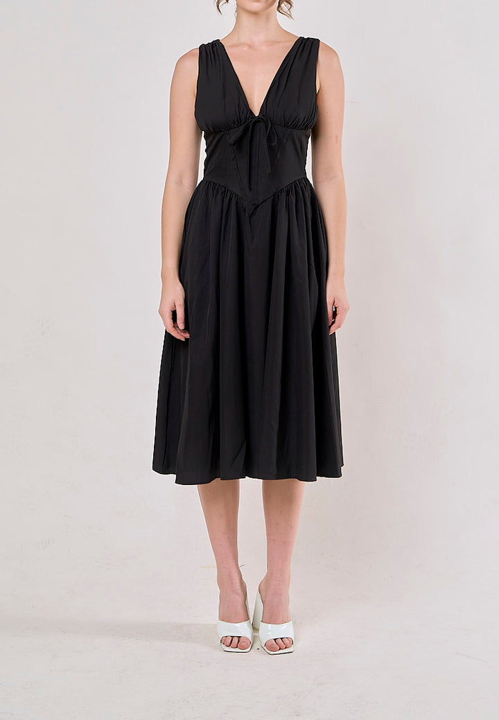 Odin Black V Neck A-Line Pleated Midi Dress
