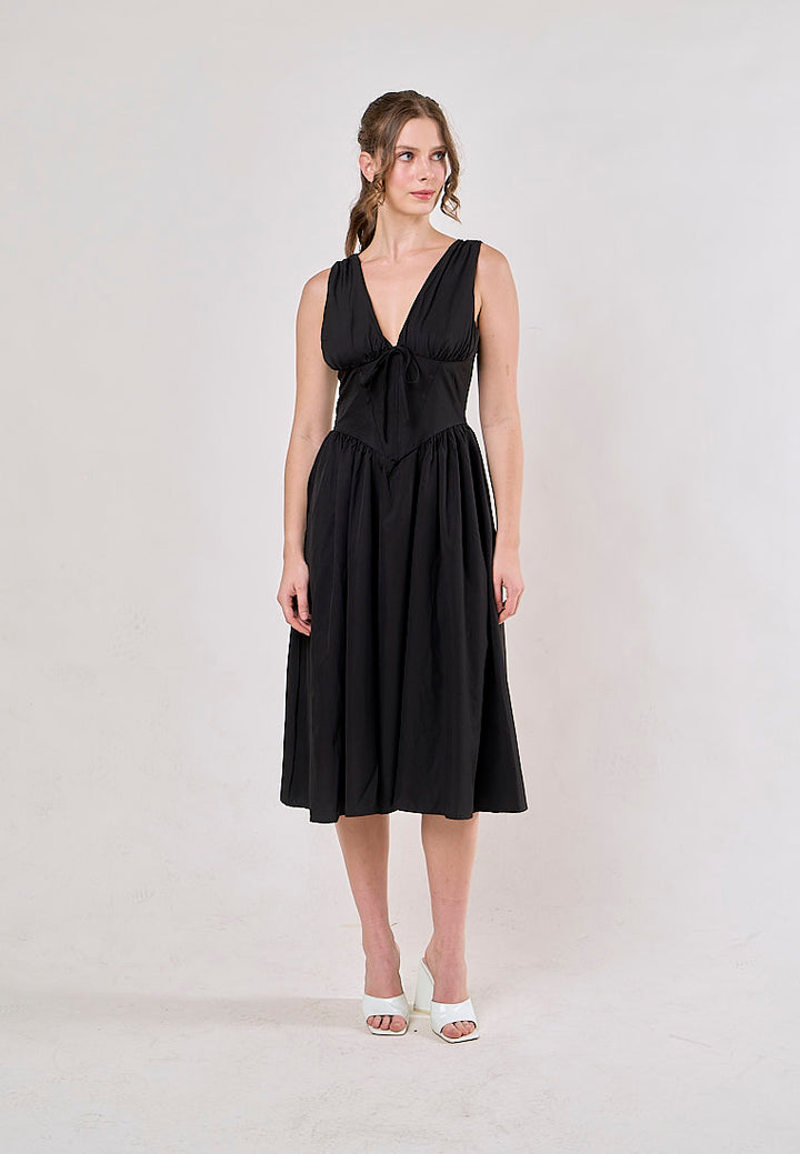 Odin Black V Neck A-Line Pleated Midi Dress