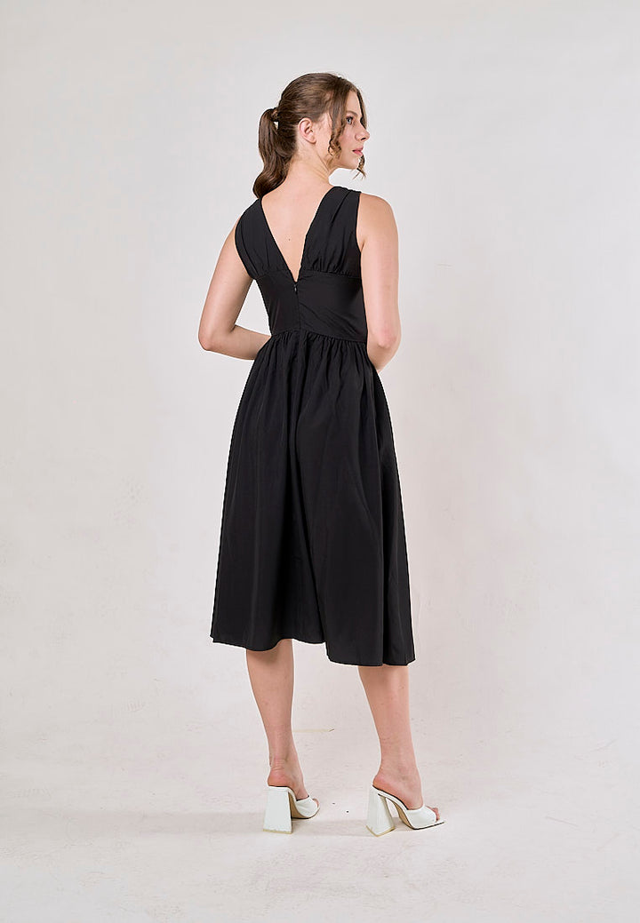 Odin Black V Neck A-Line Pleated Midi Dress