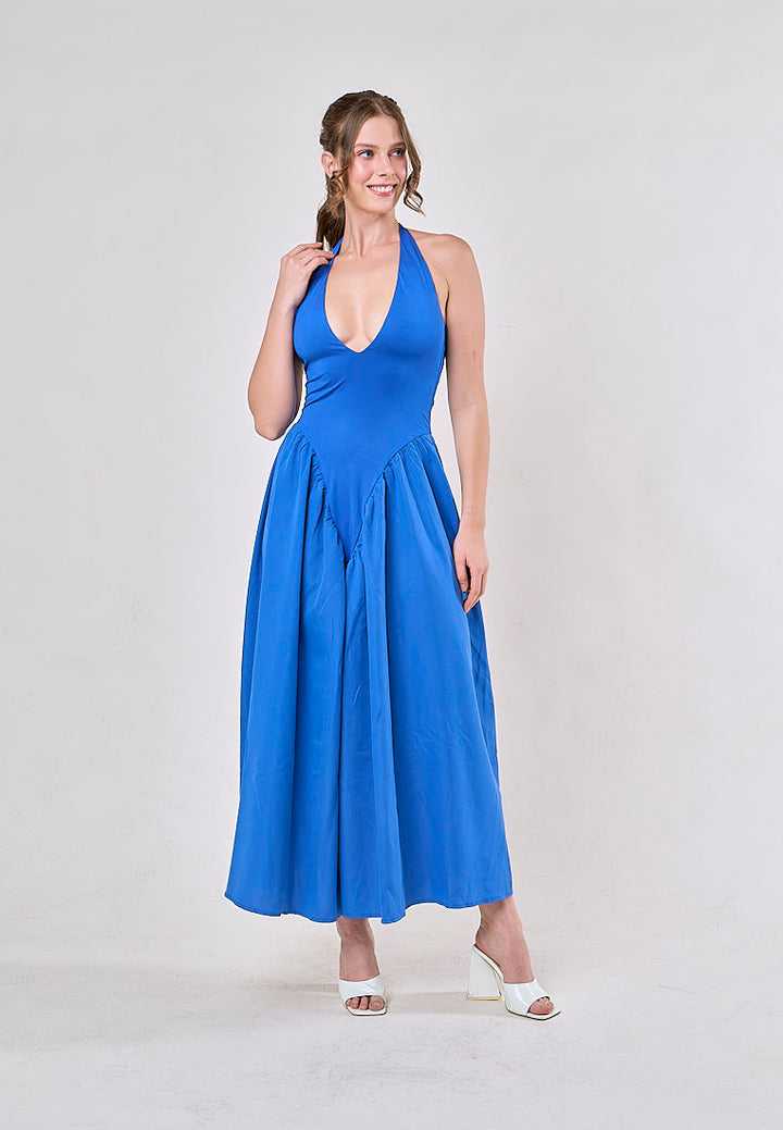 Dionysis Blue Halter Neck  Pleated Midi Dress
