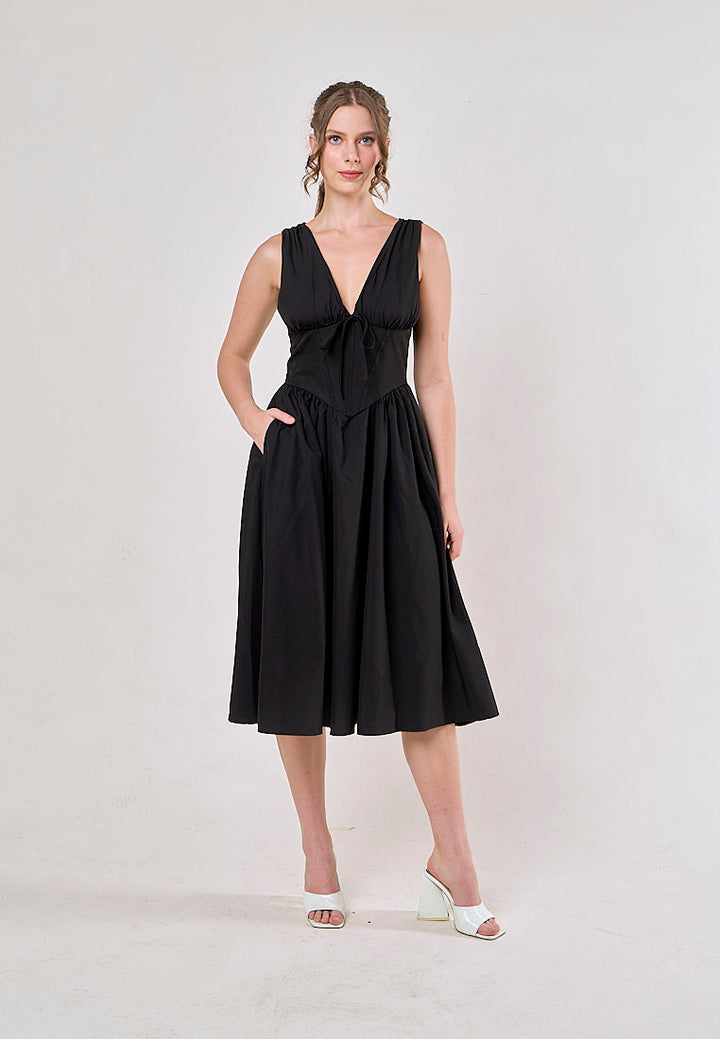 Odin Black V Neck A-Line Pleated Midi Dress