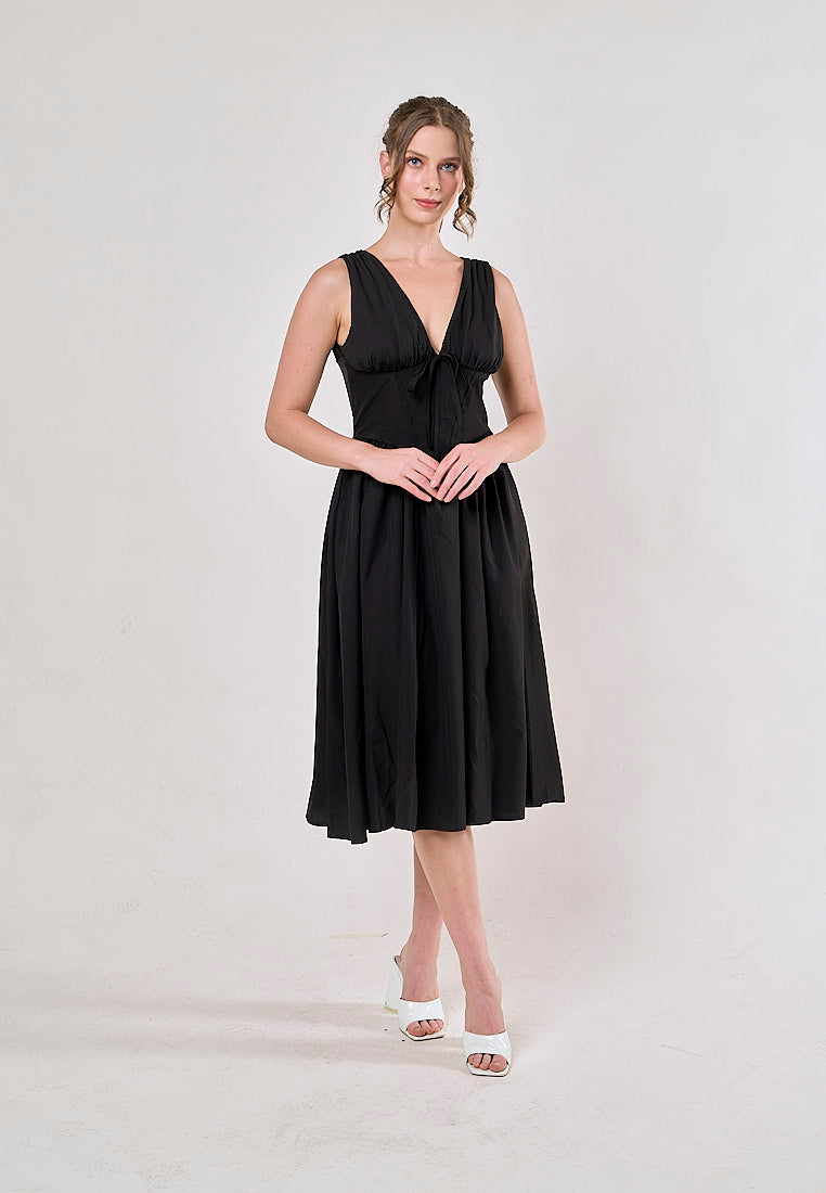Odin Black V Neck A-Line Pleated Midi Dress