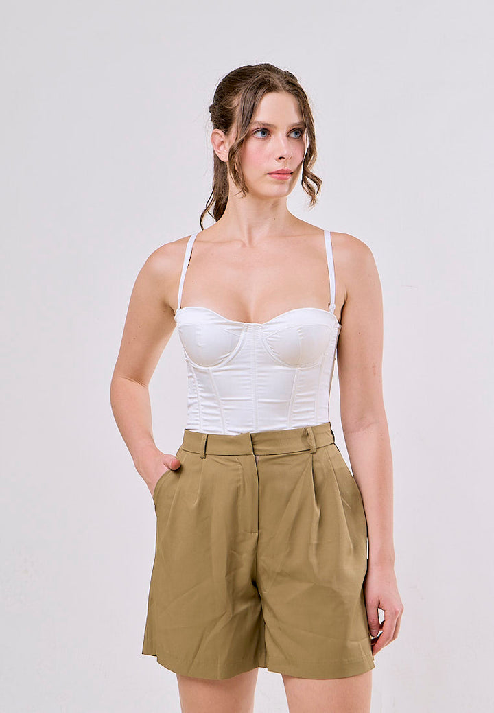 Annalise Green High Waist Slim Loose Wide Leg Pleated  With Belt Short