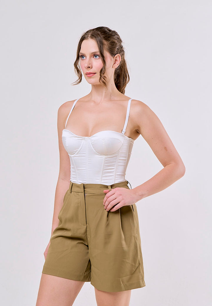 Annalise Green High Waist Slim Loose Wide Leg Pleated  With Belt Short