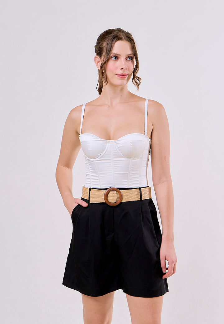 Annalise Black High Waist Slim Loose Wide Leg Pleated  With Belt Short