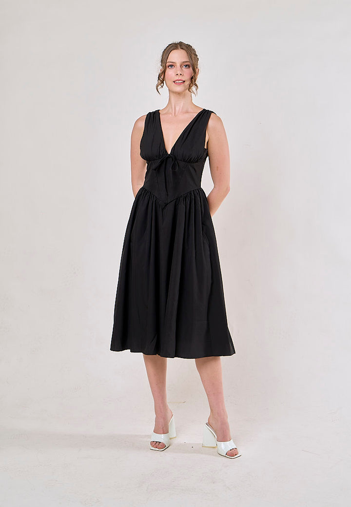 Odin Black V Neck A-Line Pleated Midi Dress