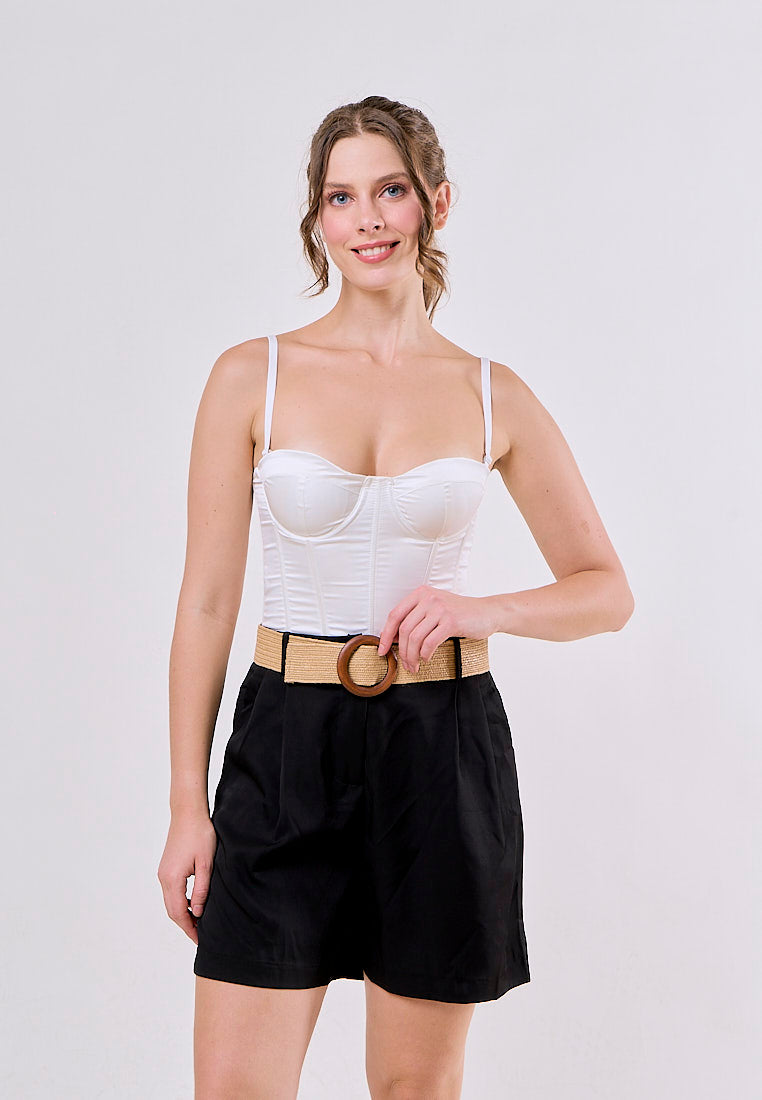 Annalise Black High Waist Slim Loose Wide Leg Pleated  With Belt Short