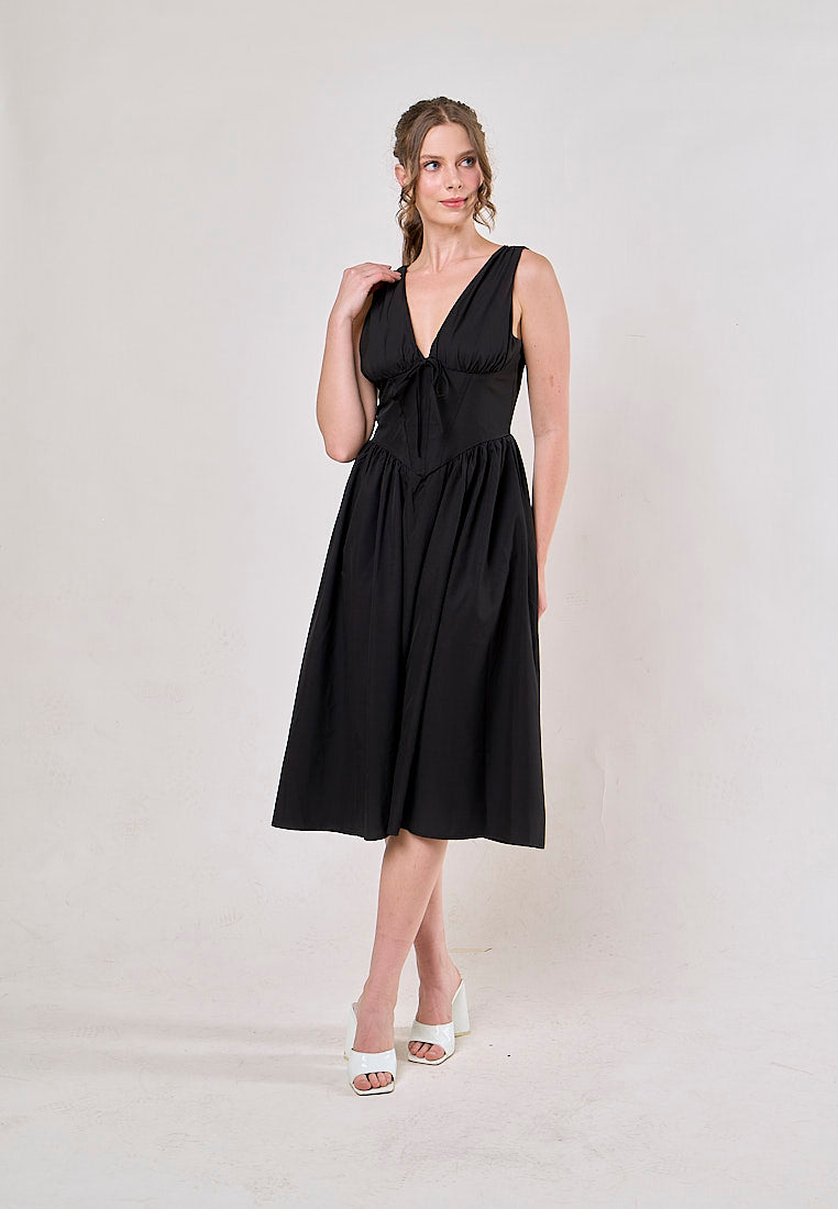 Odin Black V Neck A-Line Pleated Midi Dress
