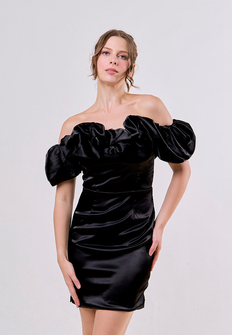 Hadassah Black Pastel Off Shoulder Ruffled Mini Dress