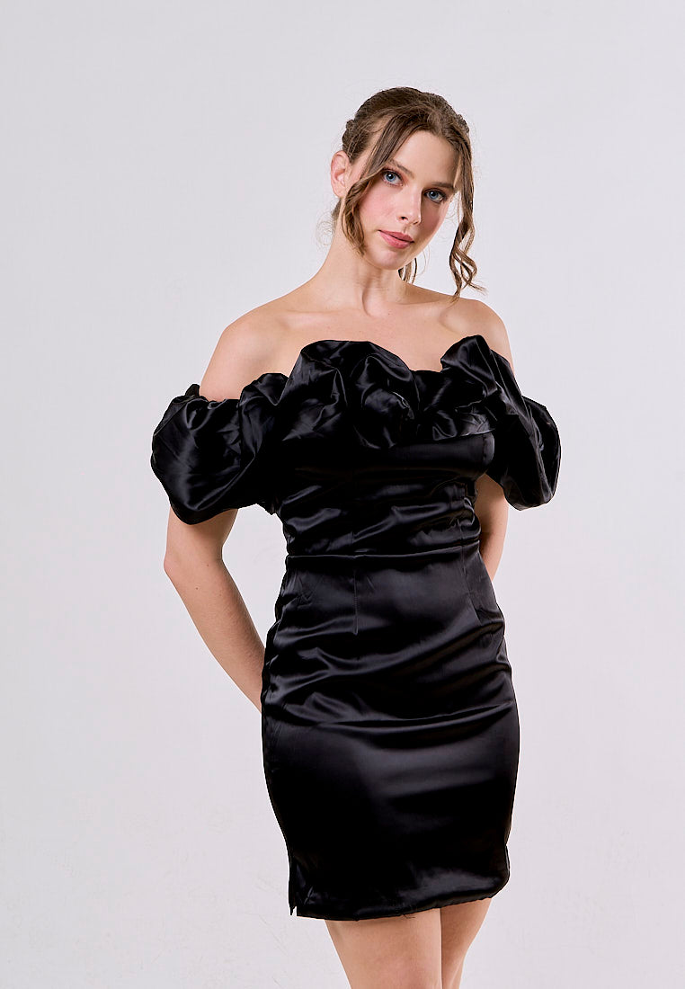 Hadassah Black Pastel Off Shoulder Ruffled Mini Dress