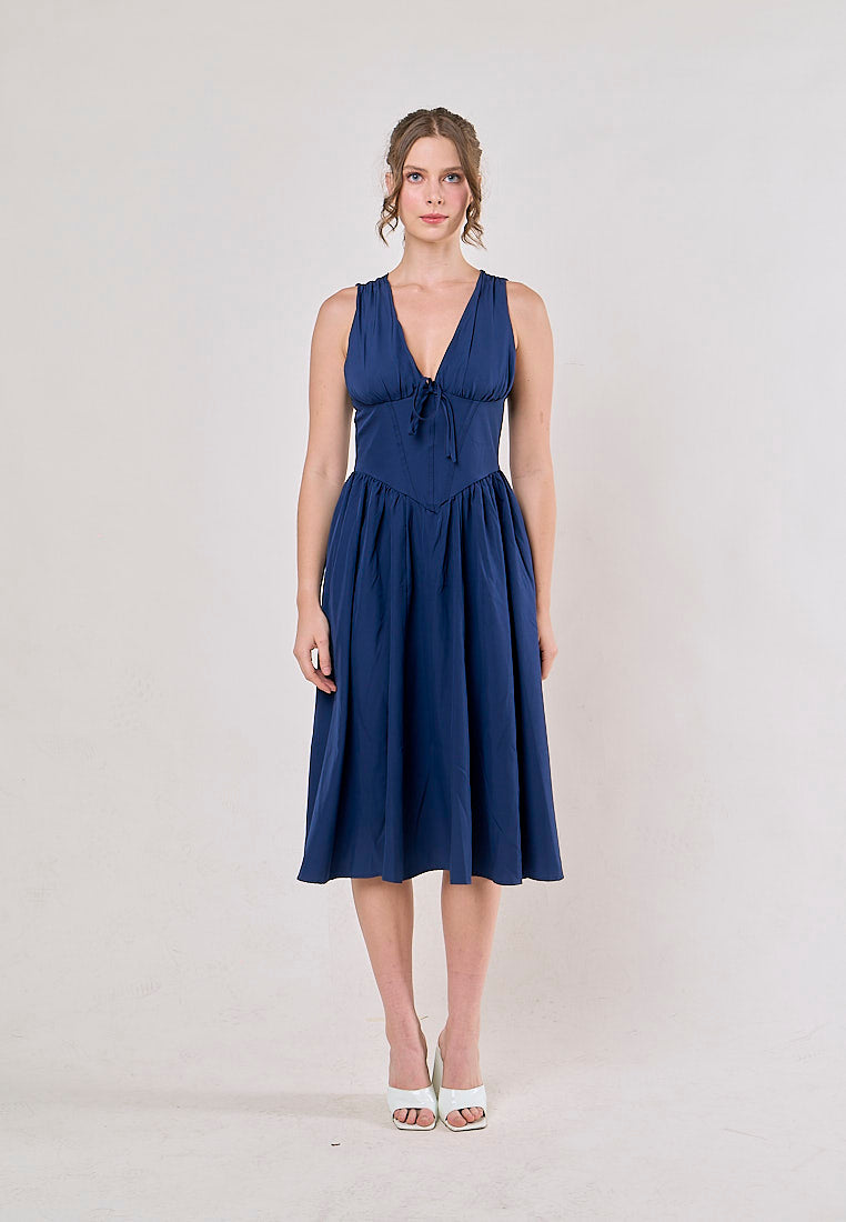 Odin Blue V Neck A-Line Pleated Midi Dress