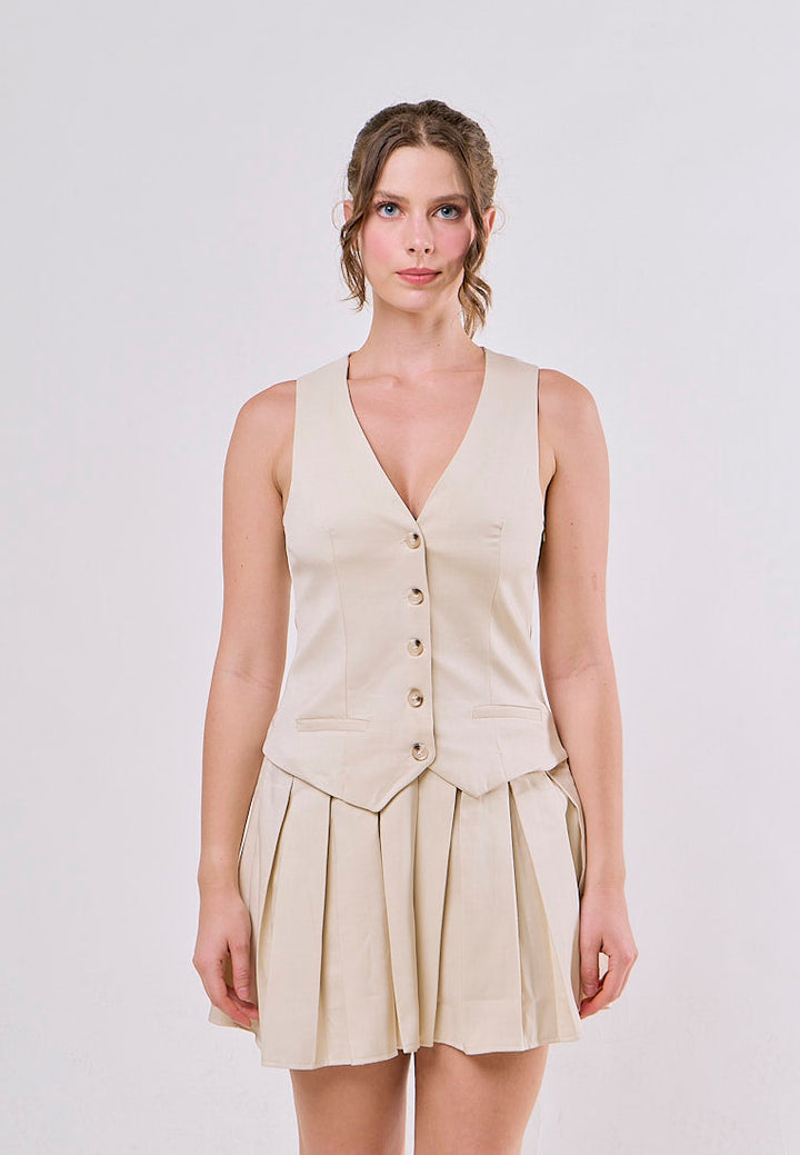 Dalary Champagne Slim Fit Wide Pleated Striped V-Neck Sleeveless Mini Dress