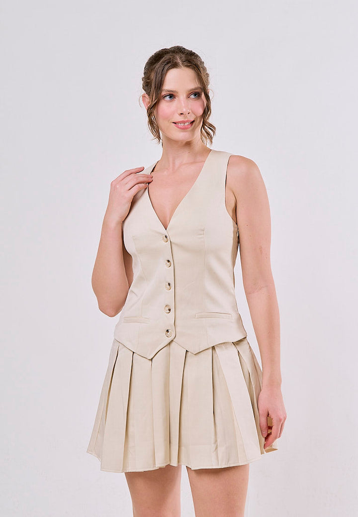 Dalary Champagne Slim Fit Wide Pleated Striped V-Neck Sleeveless Mini Dress