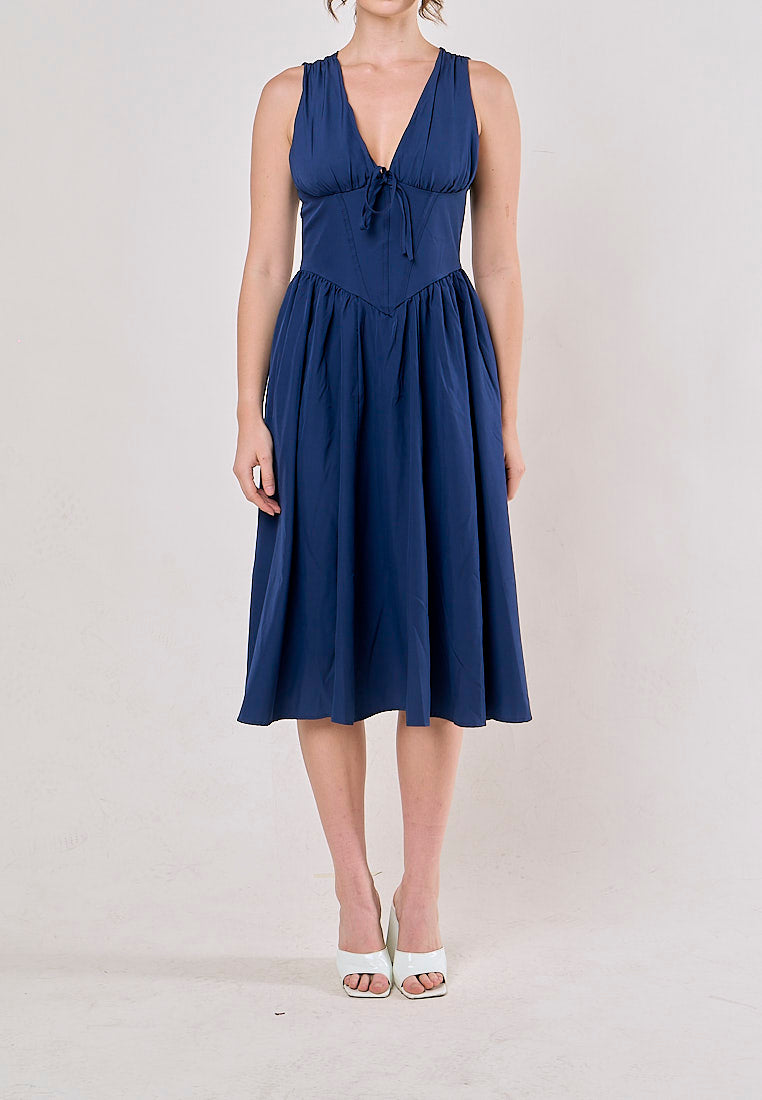 Odin Blue V Neck A-Line Pleated Midi Dress