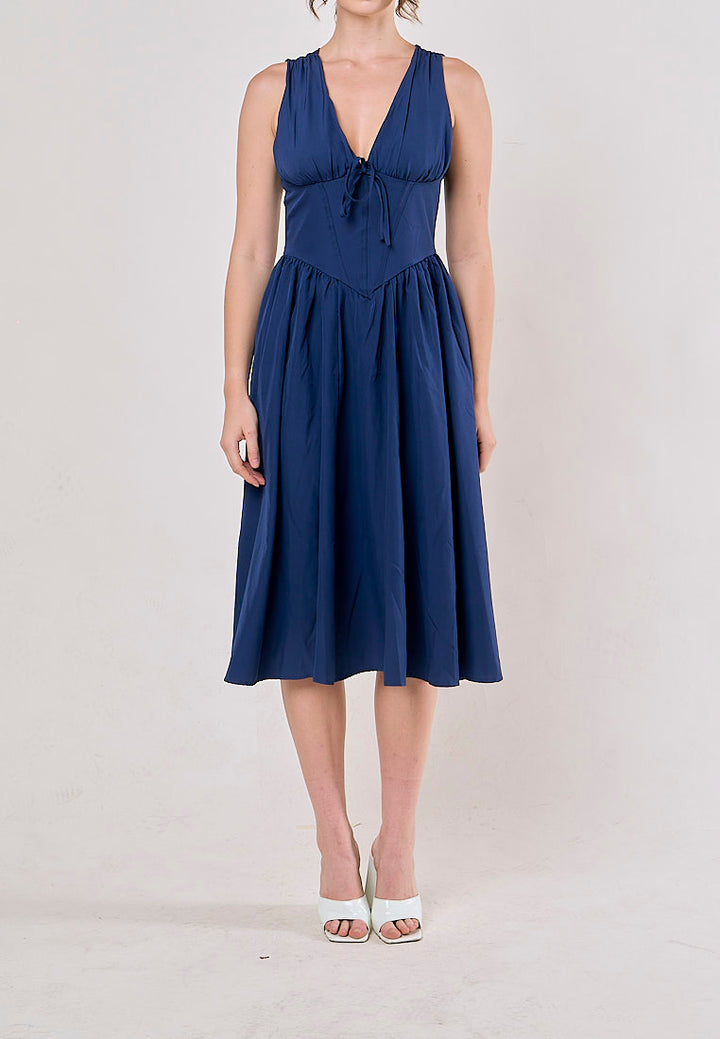Odin Blue V Neck A-Line Pleated Midi Dress