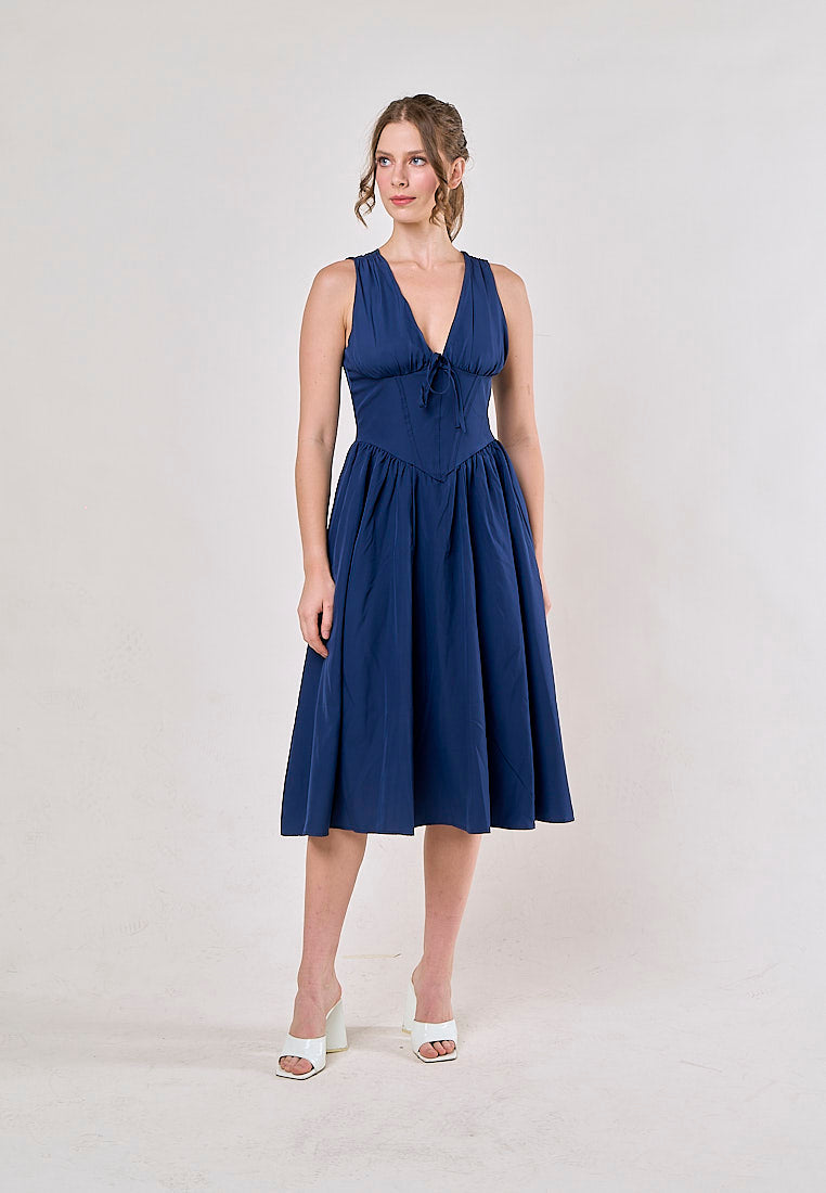Odin Blue V Neck A-Line Pleated Midi Dress