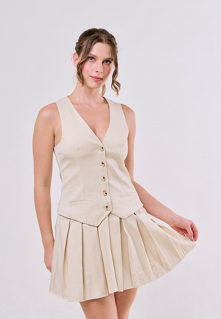 Dalary Champagne Slim Fit Wide Pleated Striped V-Neck Sleeveless Mini Dress