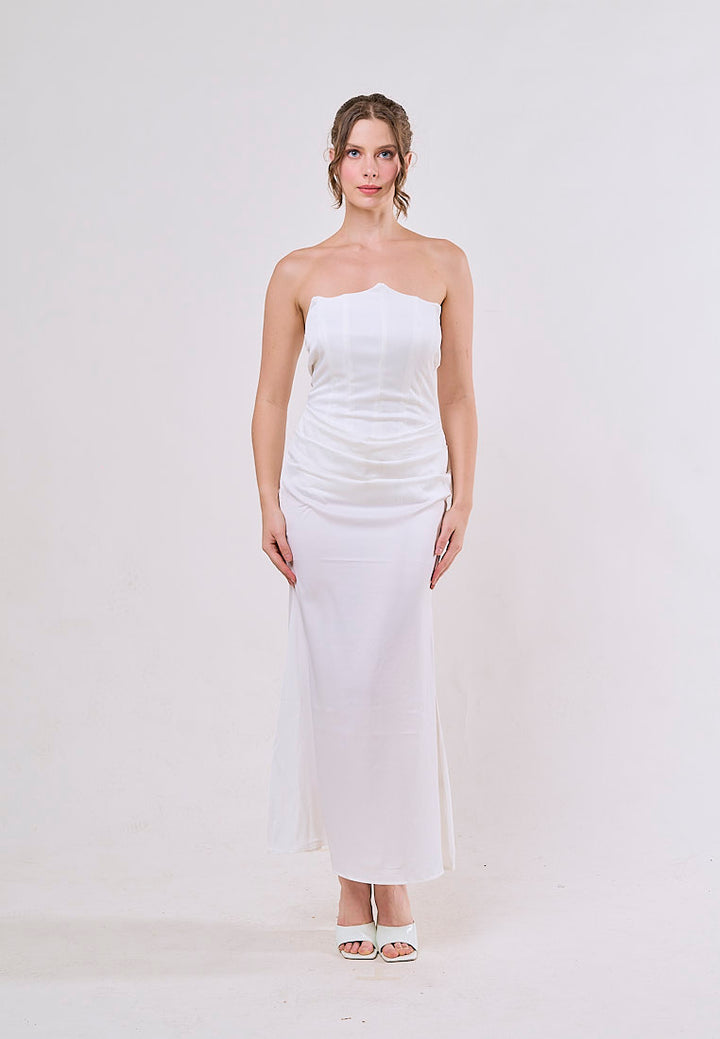 Rhiannon White Tube Satin Ruched Waist Maxi Dress