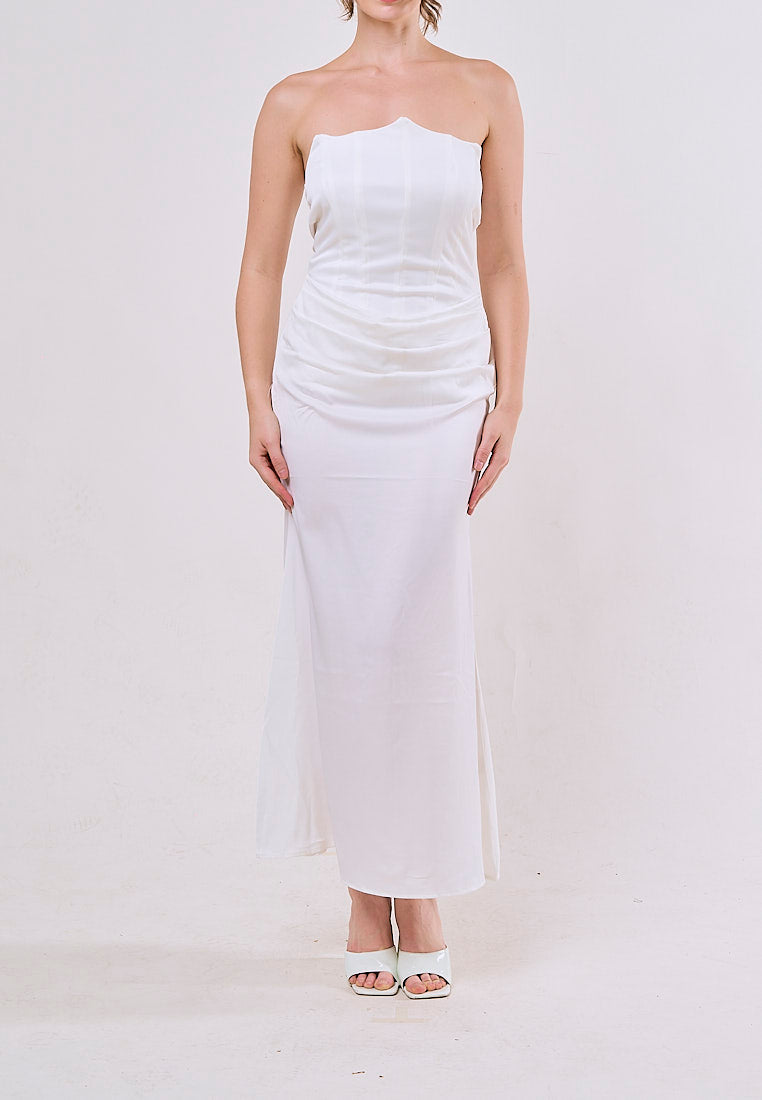 Rhiannon White Tube Satin Ruched Waist Maxi Dress