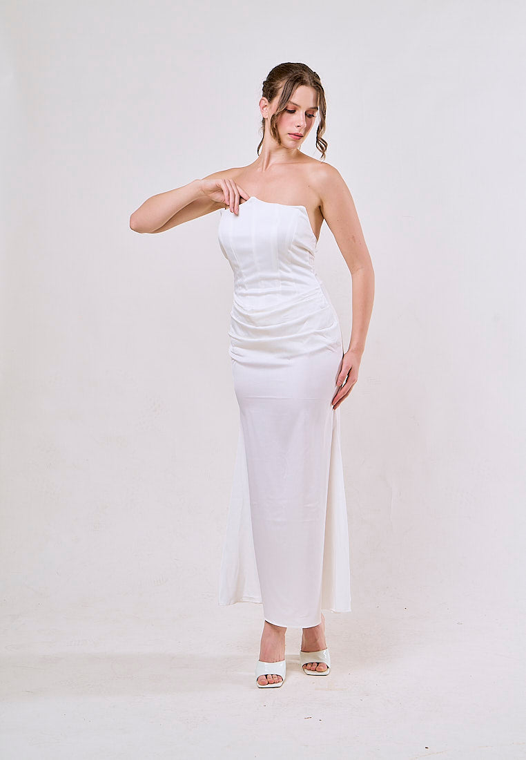 Rhiannon White Tube Satin Ruched Waist Maxi Dress