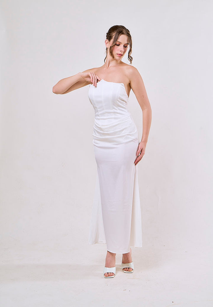 Rhiannon White Tube Satin Ruched Waist Maxi Dress